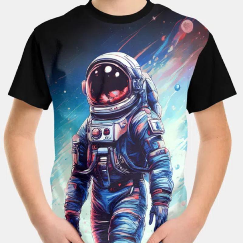 Δημιουργικό T-shirt Cartoon Astronaut Print Boys, Casual ελαφρύ και άνετο κοντομάνικο μπλουζάκι, καλοκαιρινά παιδικά ρούχα