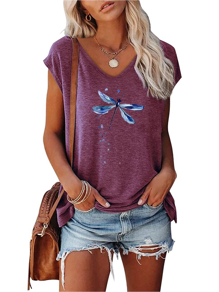 Women Fashion Printed Top Summer V Collar Tee Shirt Ladies Casual Short Sleeve T-shirt