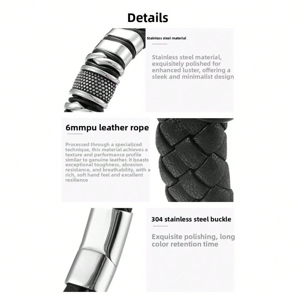 European and American Men's Personalized Leather Bracelet, Black Leather Stainless Steel Men's Jewelry Bracelet