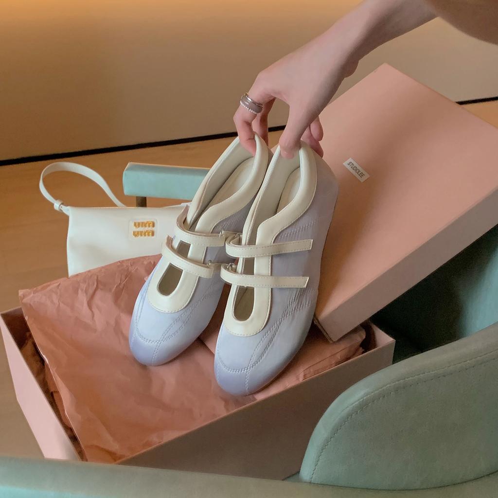 Ballet style retro double Velcro round head lazy casual women's shoes 2025 spring and summer height increase shallow mouth flat-soled single shoes