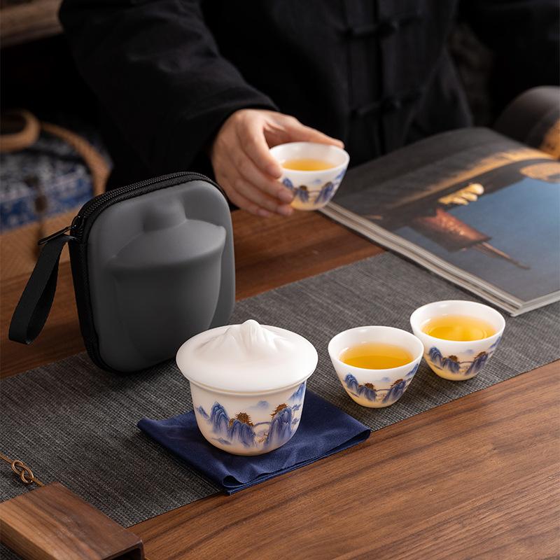Light luxury travel tea set ice seed jade porcelain high-end gaiwan Mid-Autumn Festival festival anniversary annual meeting business souvenir gift