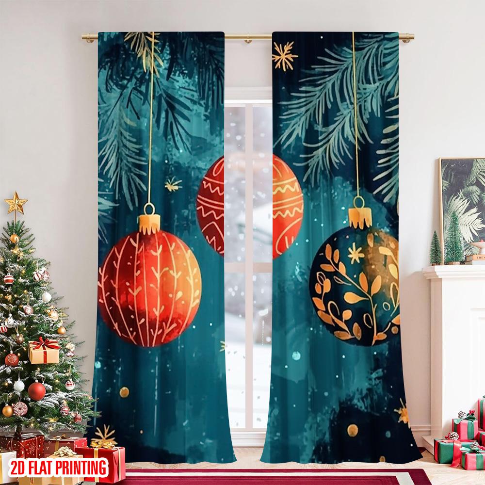 Set Of 2 Flat Printing Christmas Party Curtain Red Orange Orbs Blue Snowflakes Winter Branches Versatile Polyester