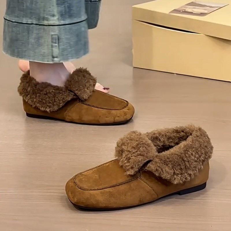 Fleece loafers with heightened square head inside, fluffy shoes to keep warm, cotton single shoes in autumn and winter