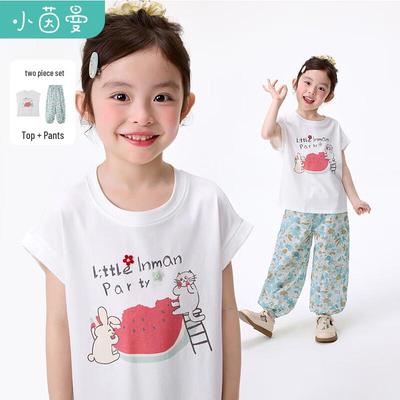 Girls' Cartoon Print Short Sleeve Anti-mosquito Pants Set