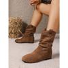 Round Toe Pleated Stack Boots Women's 2025 Winter New Plus-size Retro Sleeve Wedge Mid-leg Boots