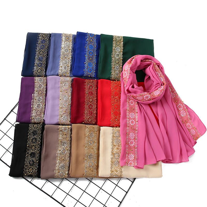 Lenço Hijab de Chiffon Bolha com Renda para Mulheres Muçulmanas Foulard Femme Musulman Lenços de Cabeça Islâmicos Toucados Árabes