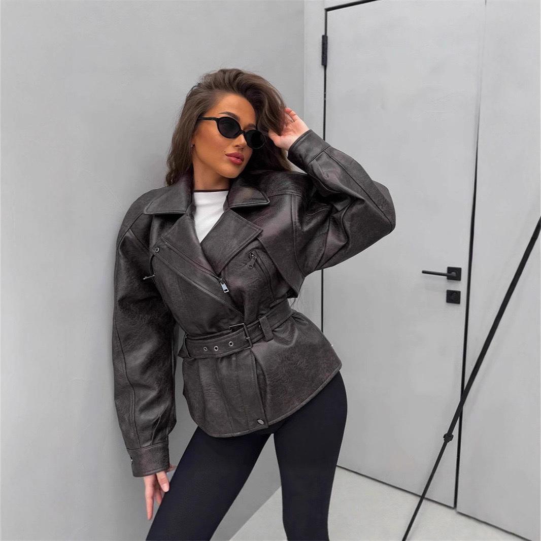 

Женская Ретро Однотонная Кожаная Куртка с Коротким Воротником, Длинным Рукавом, Поясом, Карманом на Молнии, Свободная Верхняя Одежда, Женское Осеннее Повседневное Пальто L