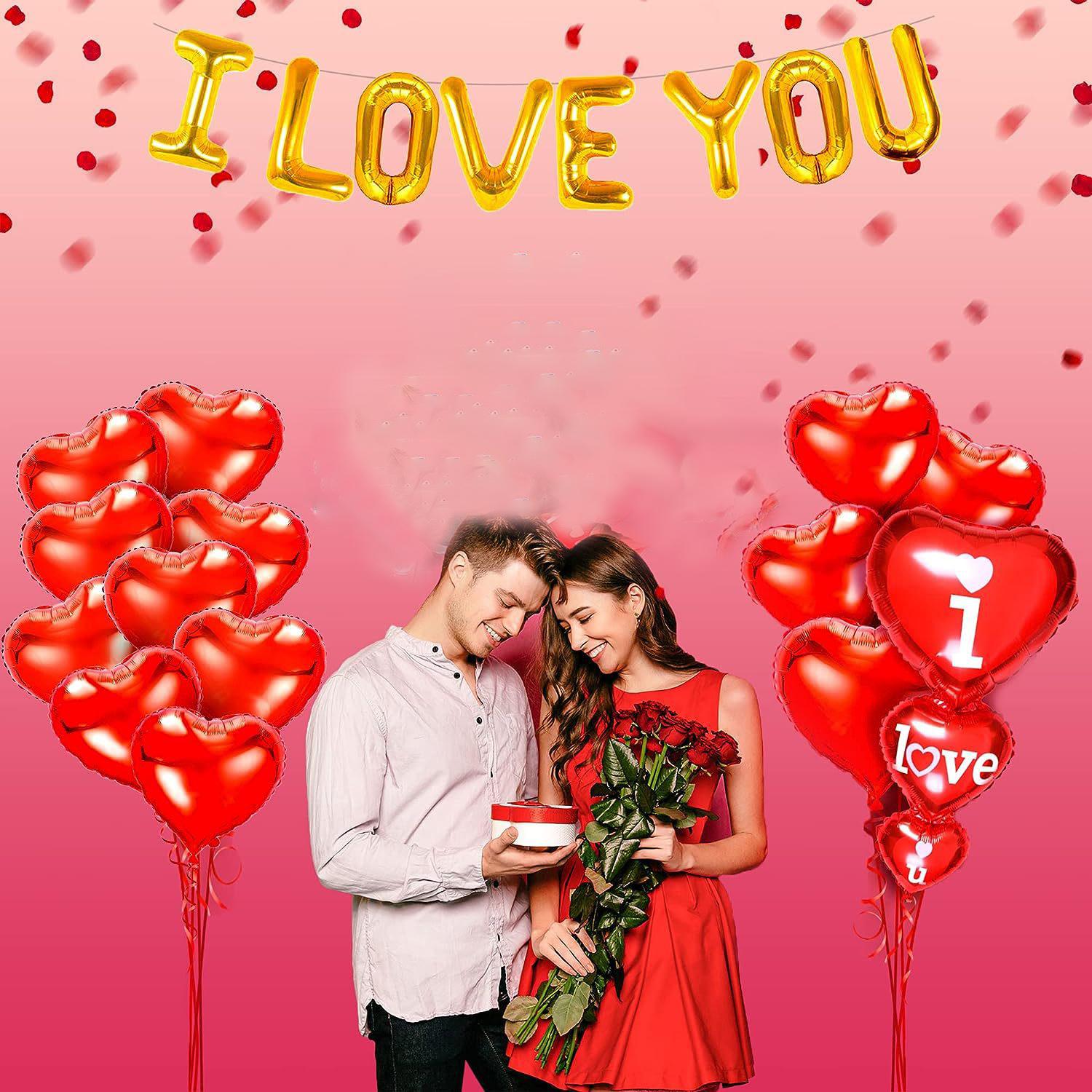 Valentine's Day Aluminum Film Heart Iloveyou Flag Decoration Valentine's Day Flag Decoration Red Aluminum Film Balloon Set rosso