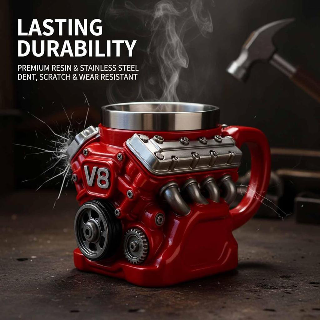 Retro Engine Coffee Mug, V8 Engines Stainless Steel Cup, Personalized Double Wall Insulation Car Mug with Handle Perfect for Father's Day, Christmas