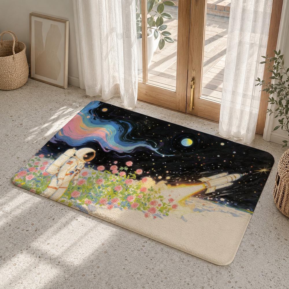 Astronaut Among Cosmic Roses Floor Mat Flannel Rug Soft Non Slip Washable Door Mat For Bathroom Bedroom Kitchen Home Decor