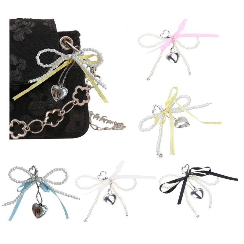 Handgemachter Schleifen-Schlüsselanhänger mit Perlenherz-Dekoration, Handy-Anhänger, Schlüsselring, Taschenanhänger für Handys und Geldbörsen