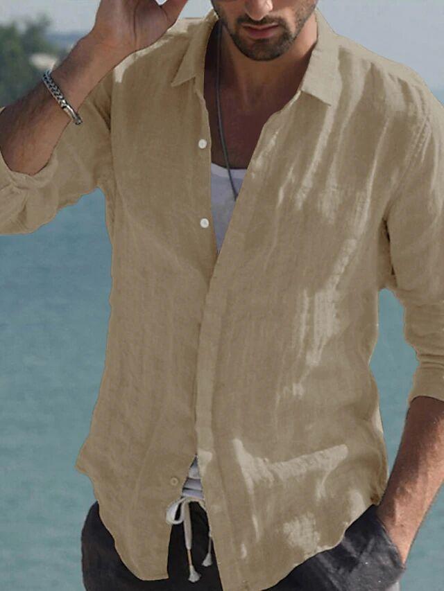 Men's Cross-Border Linen Spring and Summer Beach Long Sleeve Solid Color Casual Shirt Daily Shirt