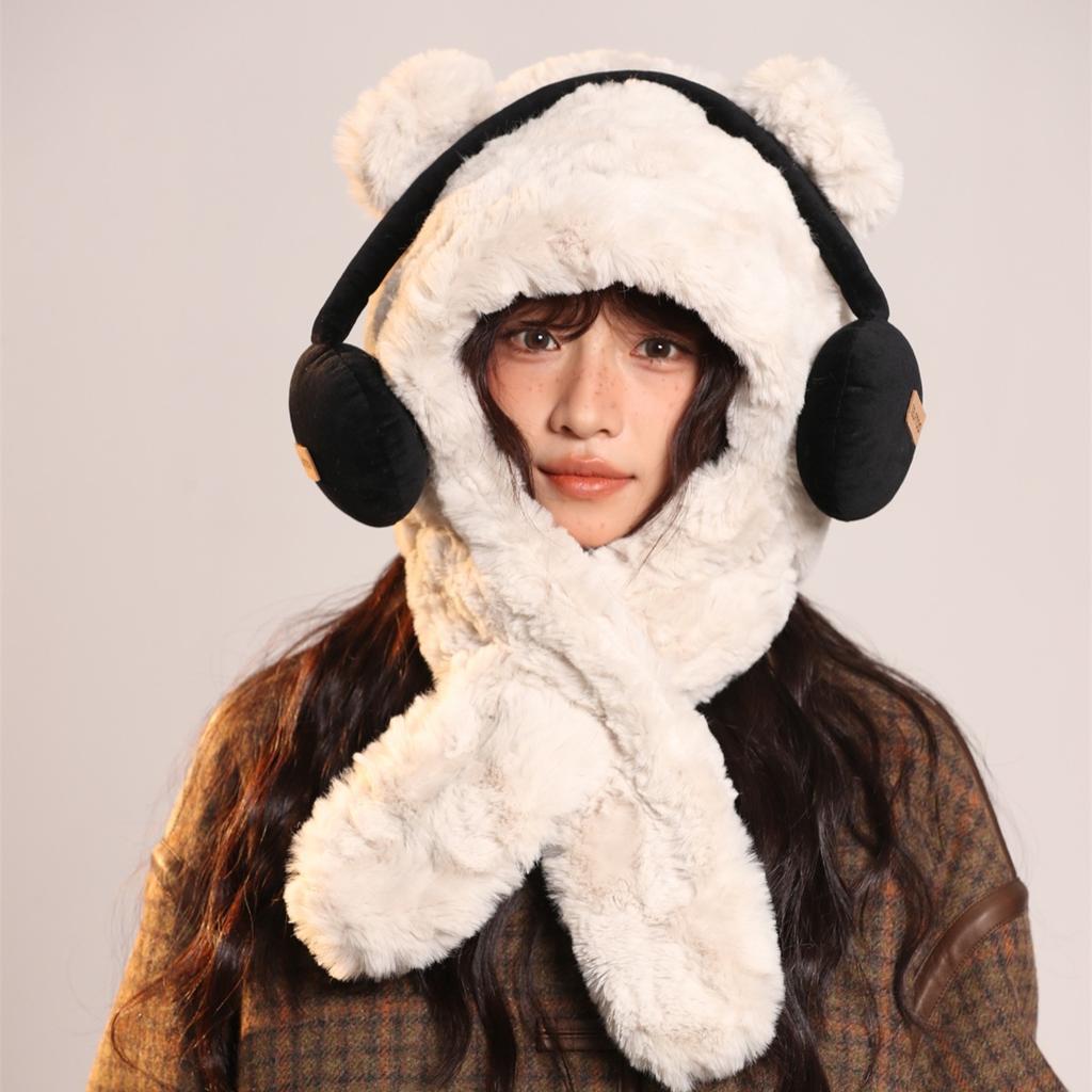 Autumn and Winter Cute Plush Earphones Bear Scarf One Piece Hat Warm Ear Protection Hat Anti Cold Wave