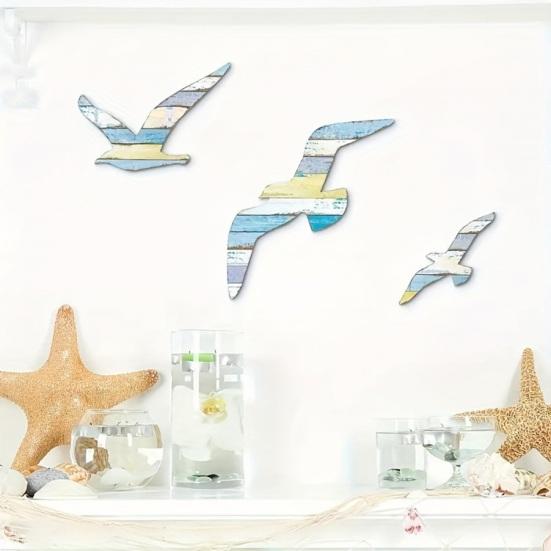 3Pcs/Set Wooden Seagull Wall Decoration Farmhouse Rustic Nautical Sea Bird Wall Art Sculpture Home Living Room Bathroom Wall Decorative Sign