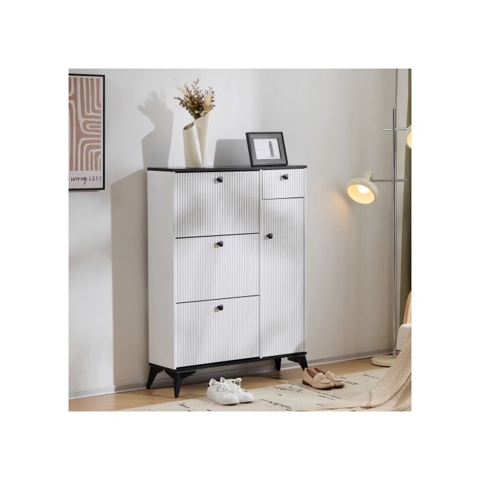 Meuble À Chaussures - MUVOE - 3 Étagères - 1 Tiroir - 1 Porte - Blanc Moderne