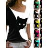 Diagonal Collar Black Cat Printed T-shirt Diagonal Collar Black Cat Print T-shirt