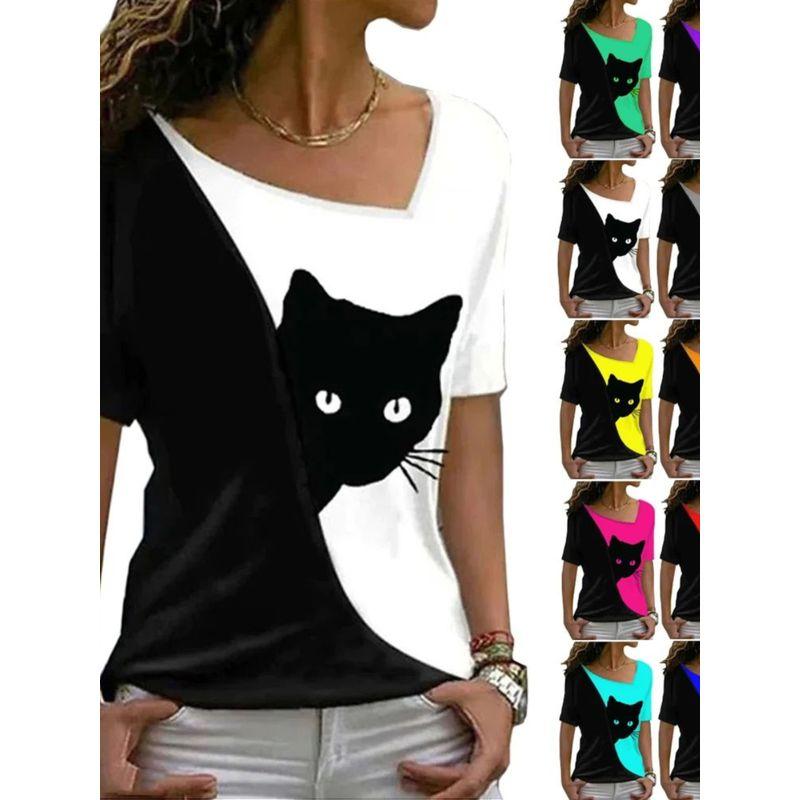 Diagonal Collar Black Cat Printed T-shirt Diagonal Collar Black Cat Print T-shirt