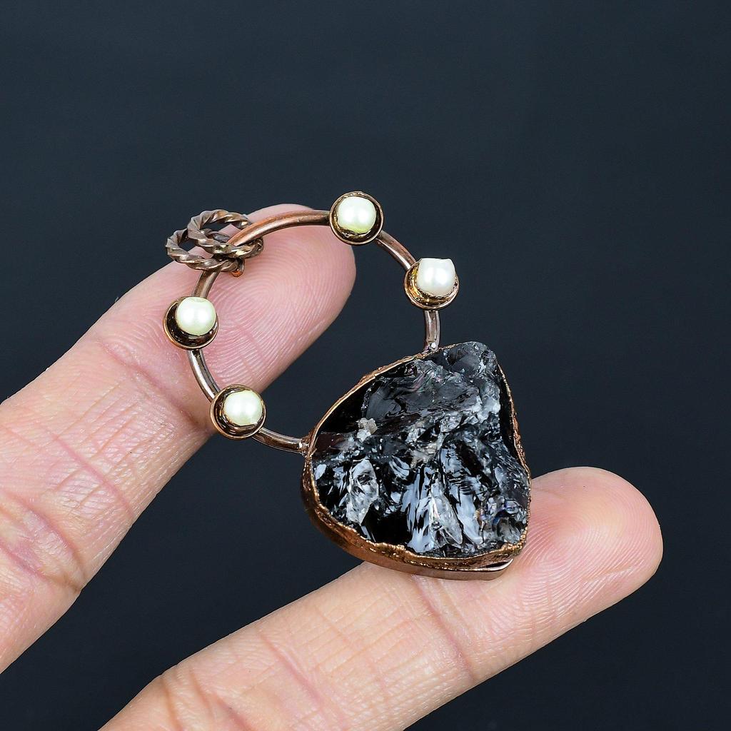 Black Onyx Rough & Mother Of Pearl Pendant Gemstone Jewelry, Copper Electroformed Pendant, Handmade Jewelry Birthstone Pendant, Gift For Him