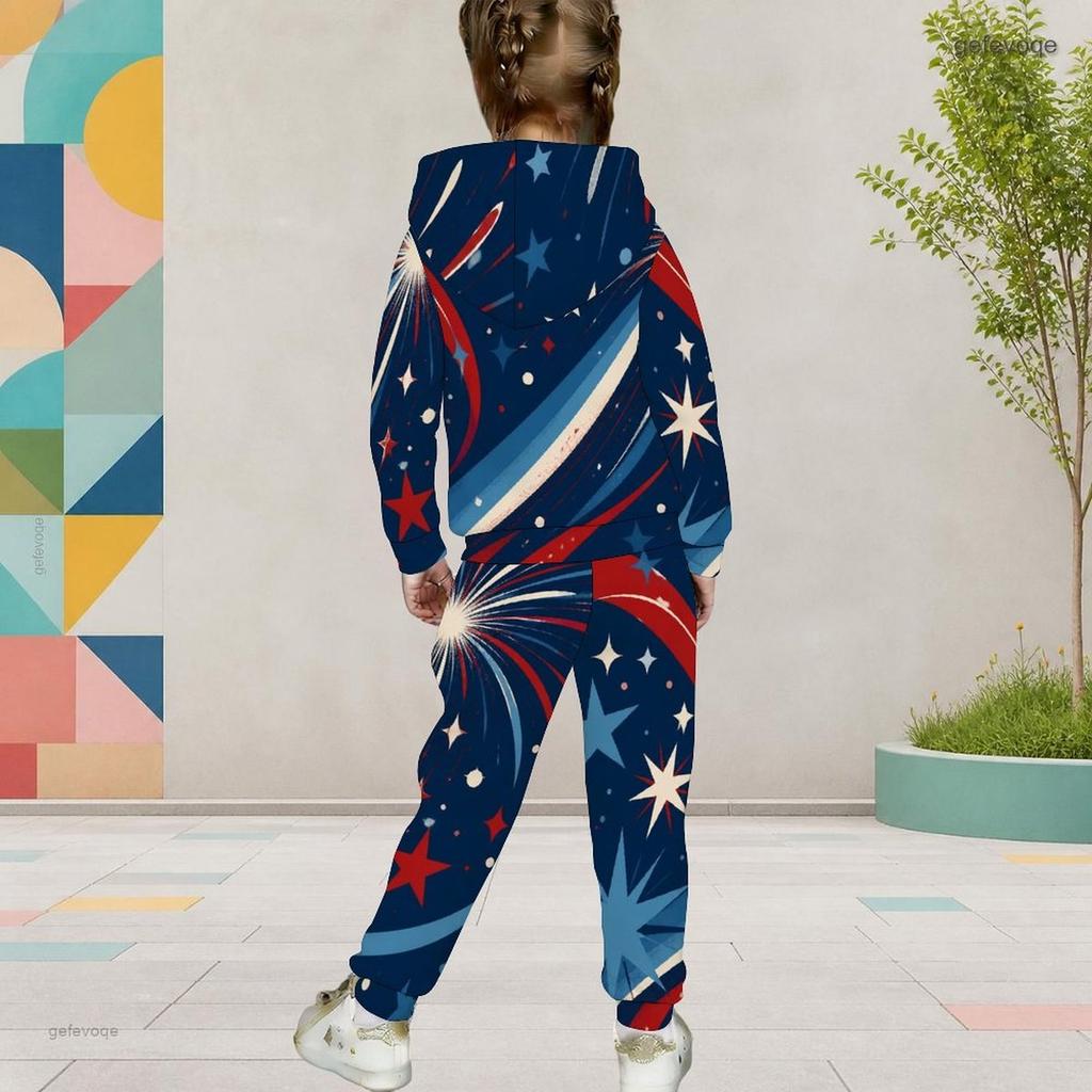 Girls Hooded Long Sleeve Star Firework Printed Dark Blue Two Piece Outfit Kangaroo Pocket Cuffed Pants Set
