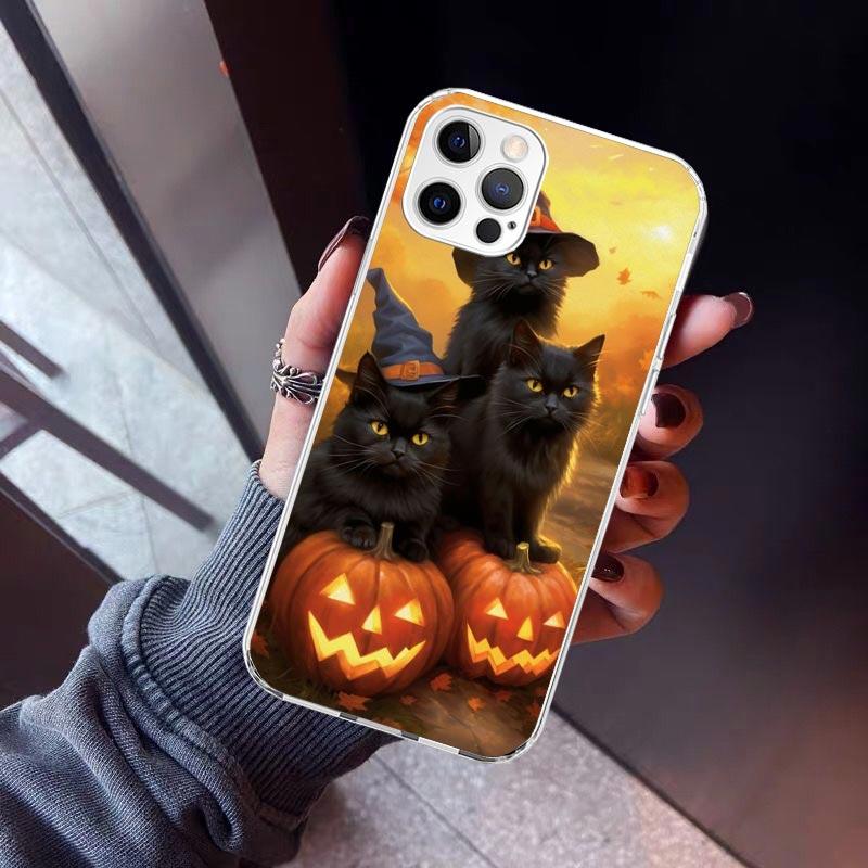 Black Kitten Halloween Pumpkin Phone Case For iPhone 17 Air 11 13 Mini 14 15 Plus 16 12 Pro Max 16E SE 7 8 Pattern Soft TPU Back