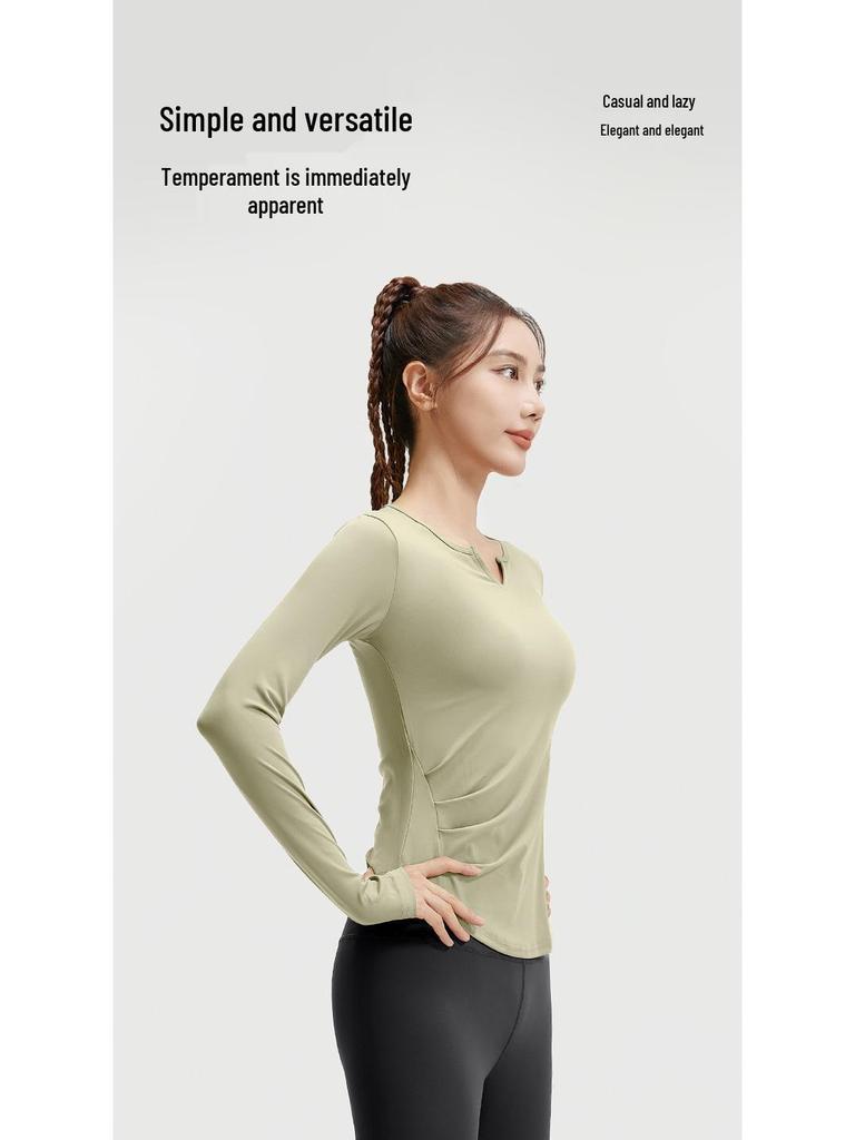 Juyitang Seamless V-Neck Long-Sleeve Yoga Suit with Pleated Waist and Slim-Fit Top