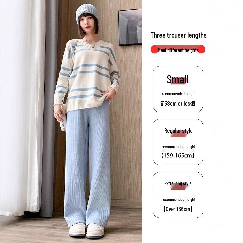 Petite High-Waist Knitted Chenille Fleece-Lined Wide-Leg Pants with Wheat Ear Pattern for Women - Autumn/Winter
