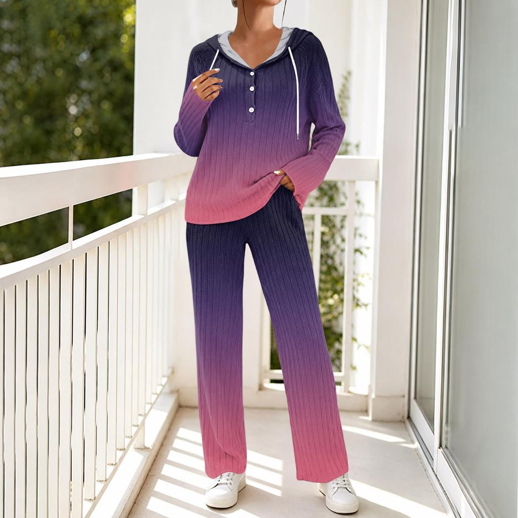 Women's Casual V-Neck Printed Hooded Pajama Set with Pockets Long Sleeve Loose Fit Loungewear