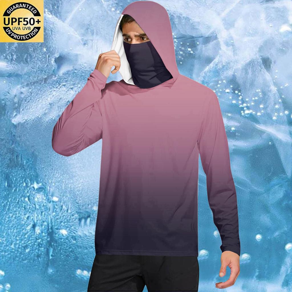 Men’s Casual Gradient Print Hooded Long Sleeve Sun Top Lightweight Pullover Loose Fit Outdoor Shirt