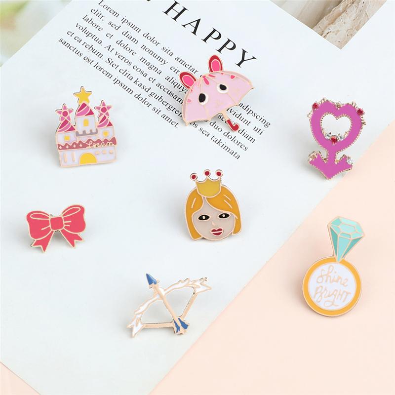 Cute Pink Series Brooch for Girl Cartoon Sweet Love Arrow Enamel Pins Princess Castle Bow Badge Bag Shirt Lapel Pin Jewelry Gift