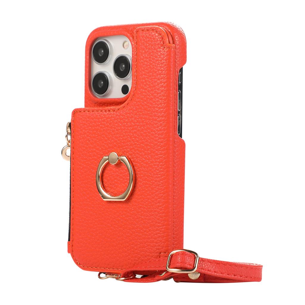 Ring Holder Crossbody Zipper Cards Solt Wallet Leather Case For iPhone 15 Pro Max 14 Plus 13 12 11 SE 2022 Makeup Mirror Cover