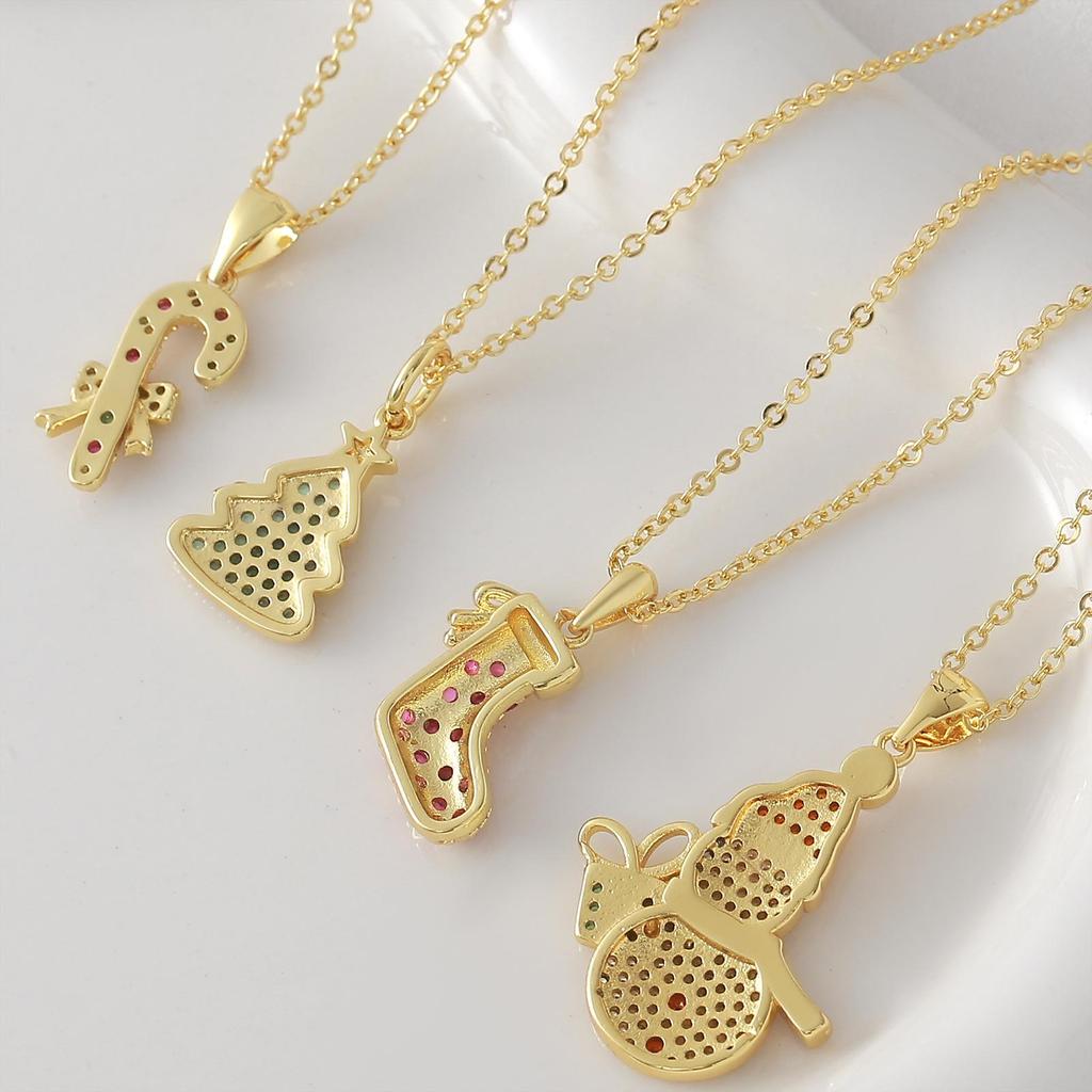 Copper Zircon-Embellished Christmas Tree & Snowman Pendant Necklace