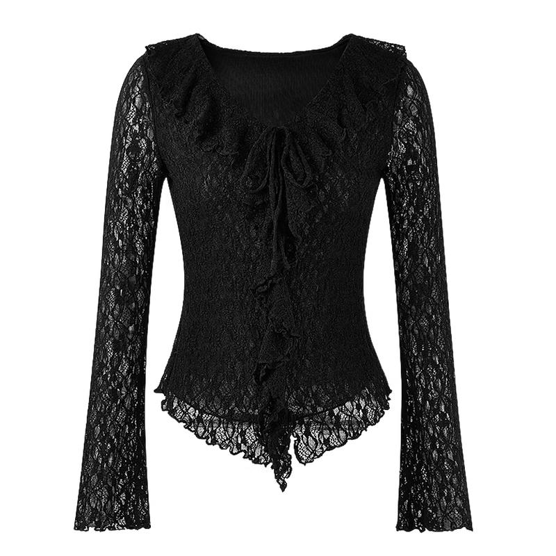 Elegant V-Neck Ruffle Lace Blouse M