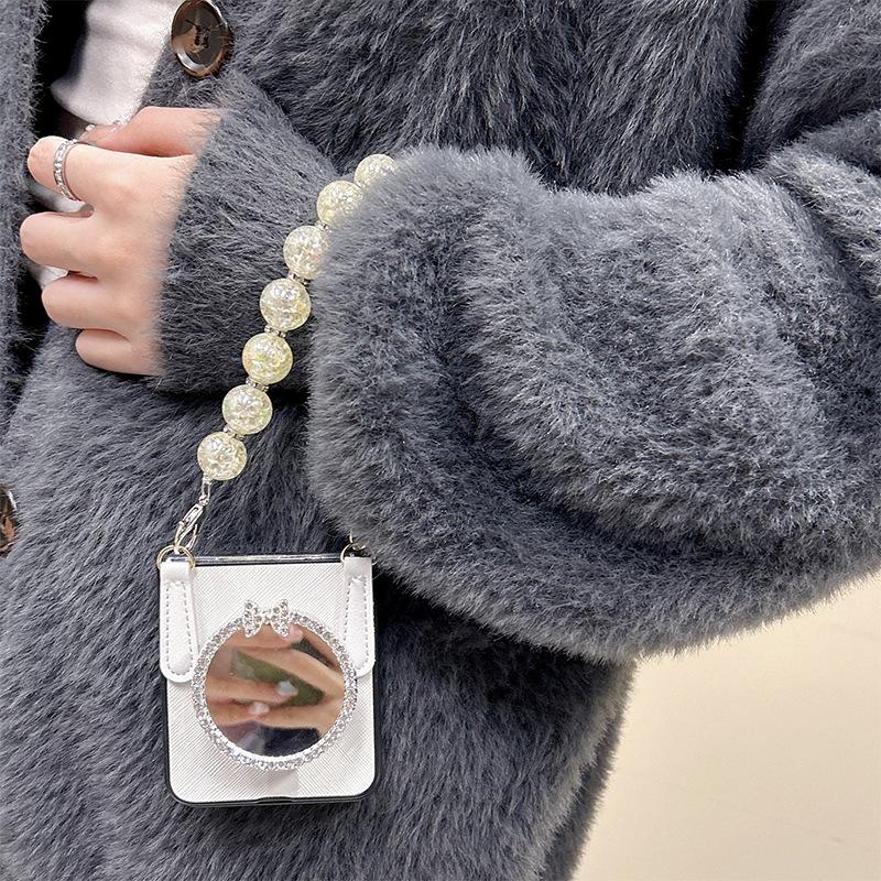 Mirror Airbag Holder Phone Case for Samsung Zflip 7 Flip Folding Screen Bead Chain Handheld Xflip