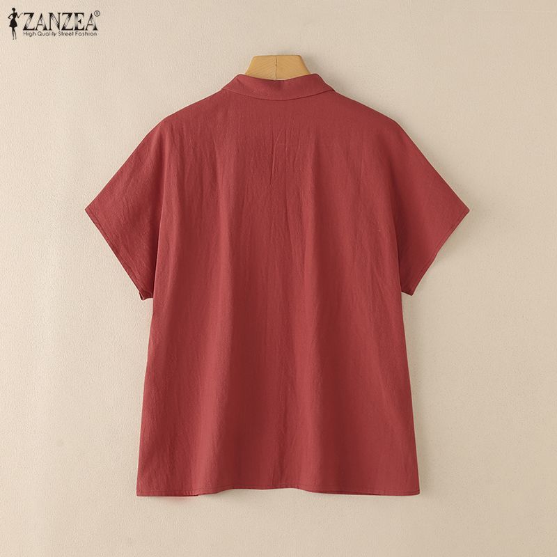 ZANZEA Damen Casual Turn Down Kragen Sommer Lose Kurzarm Bluse