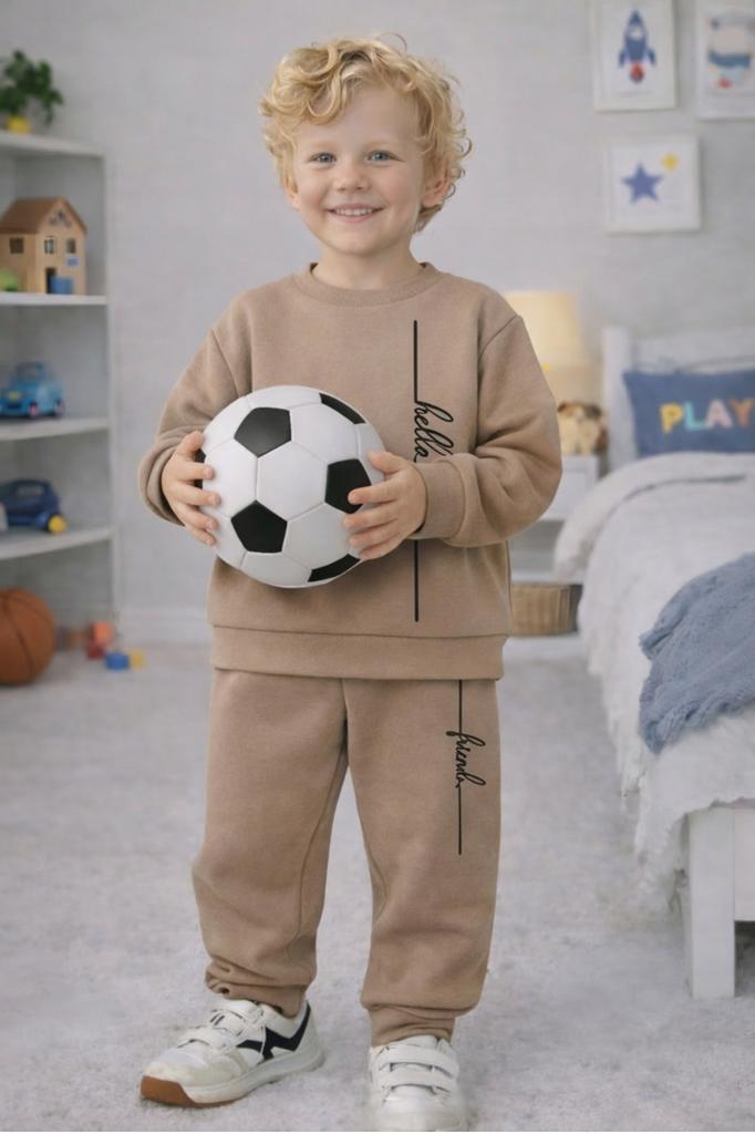 Children' Warm Tracksuit Set 116 Two-Piece With Print Beige