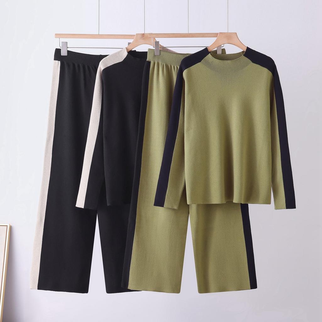 Cross-border Semi-turtleneck Sweater Set Europe, America, 2026 Autumn and Winter Contrasting Colors Splicing Wide-leg Pants Fashion Knitted Two-piece