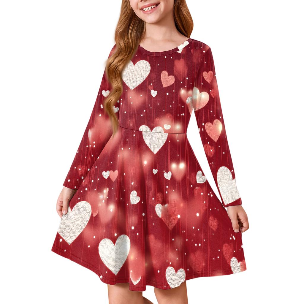 Girls' Summer Princess Dress - Long Sleeve A-Line T-Shirt Dress Valentine's Day