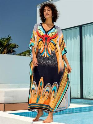 2024 Bohemian Chic Print Plus Size V-neck Bat Sleeve Kaftan Women Summer Vacation Beach Dress Swimwear Cover Up Loose Robe