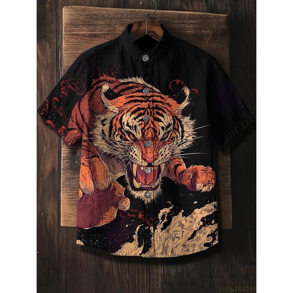 2026 New Men's Striped Sun God Totem Print Hawaiian Collar Short-Sleeve Shirt, Casual, Loose, Comfortable, and Versatile Top