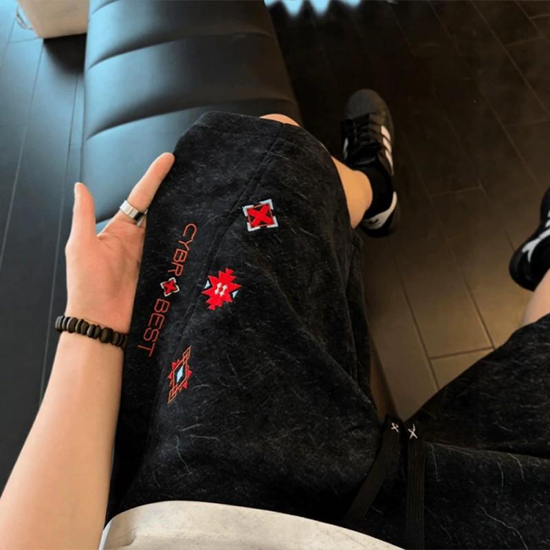 Mens Tie-Dye Embroidered Cut Shorts Loose Casual Sports Knee Length Pants Teens