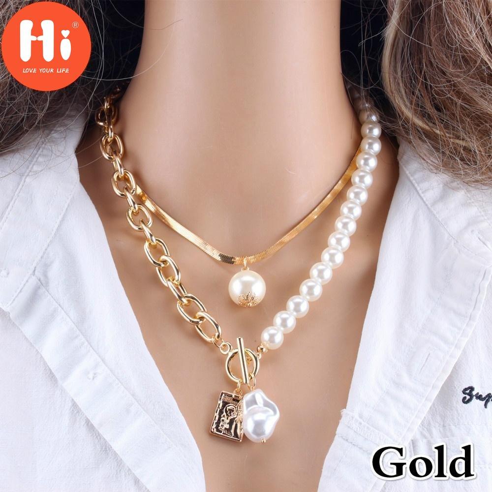 Hi Women Fashion 2 Layers Pearls Pendants Necklaces Metal Snake Chain Necklace New Design Jewelry Gift