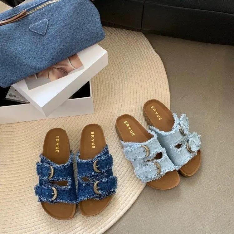 Nuova Moda Fibbia Cintura in Denim Suola Spessa Da Esterno 2024 Estate Infradito Piatte Donna
