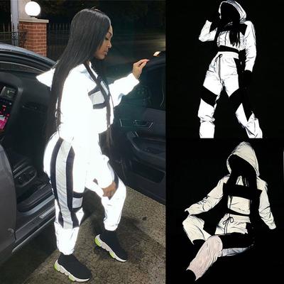 Women Casual Reflective Splicing Set Long Sleeve Crop Tops + Pants
