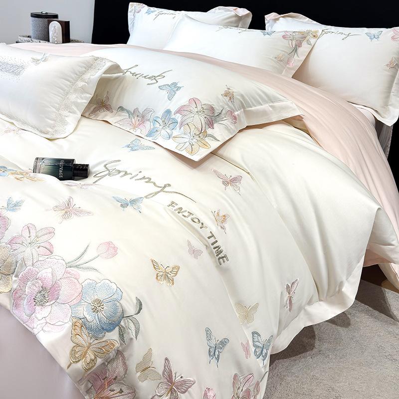 Class A Maternal And Infant Grade 240 Long-Staple Cotton4-Pcs Set Of Pure Cotton Satin Embroidered Quilt Cover, Bed Sheet Skin-Friendly Mattress