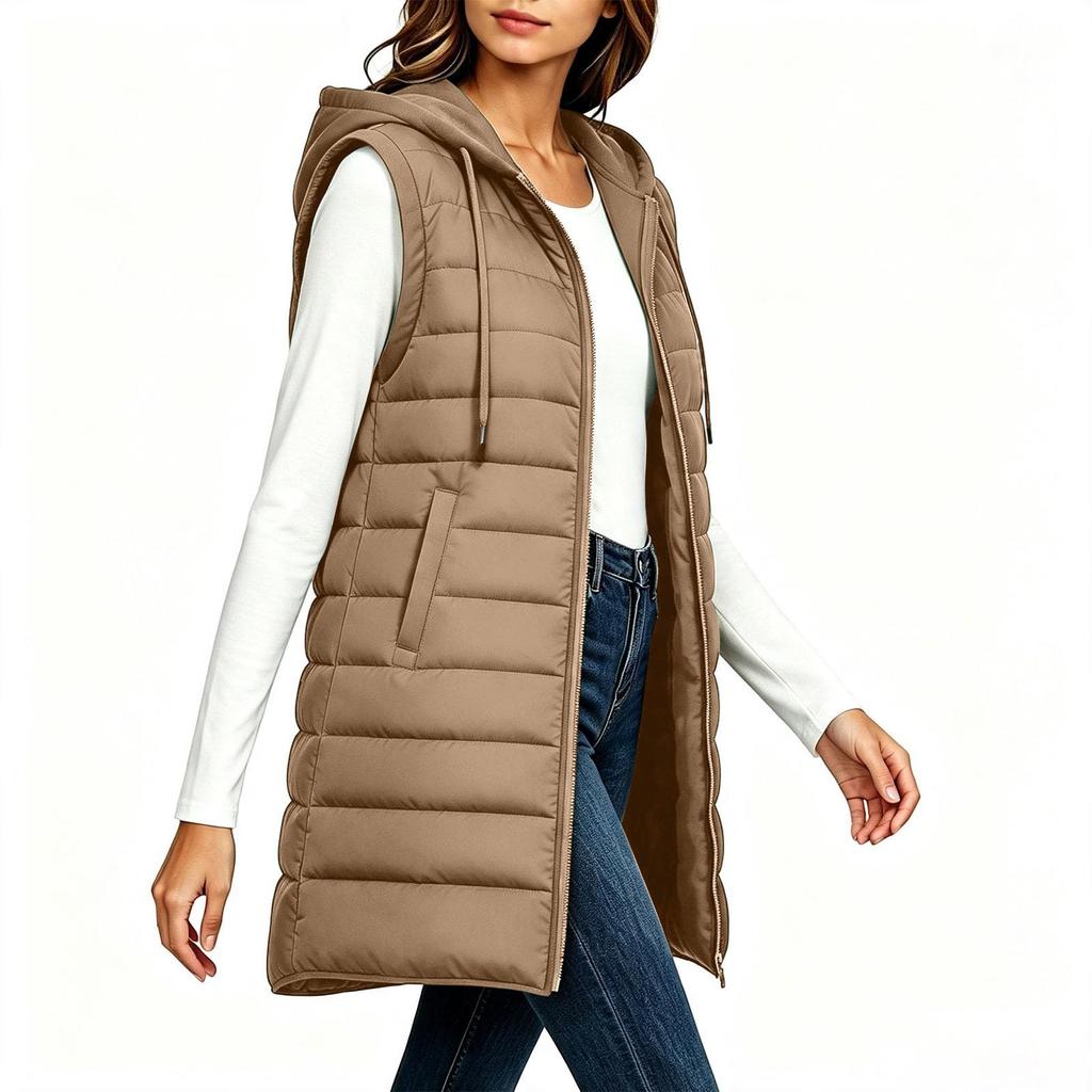 Women's Casual Long Hooded Sleeveless Quilted Vest