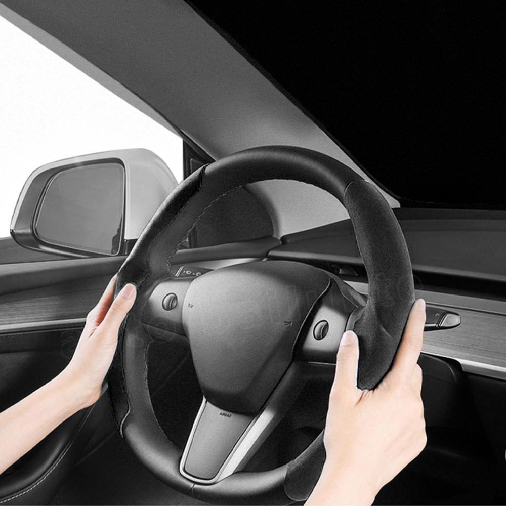 2 Stück Für Tesla Neues Modell 3+Highland 2025 für Modell Y/3 Weiß Kohlefaser Silikon Schwarz Wildleder Auto Lenkradabdeckung Rutschfest