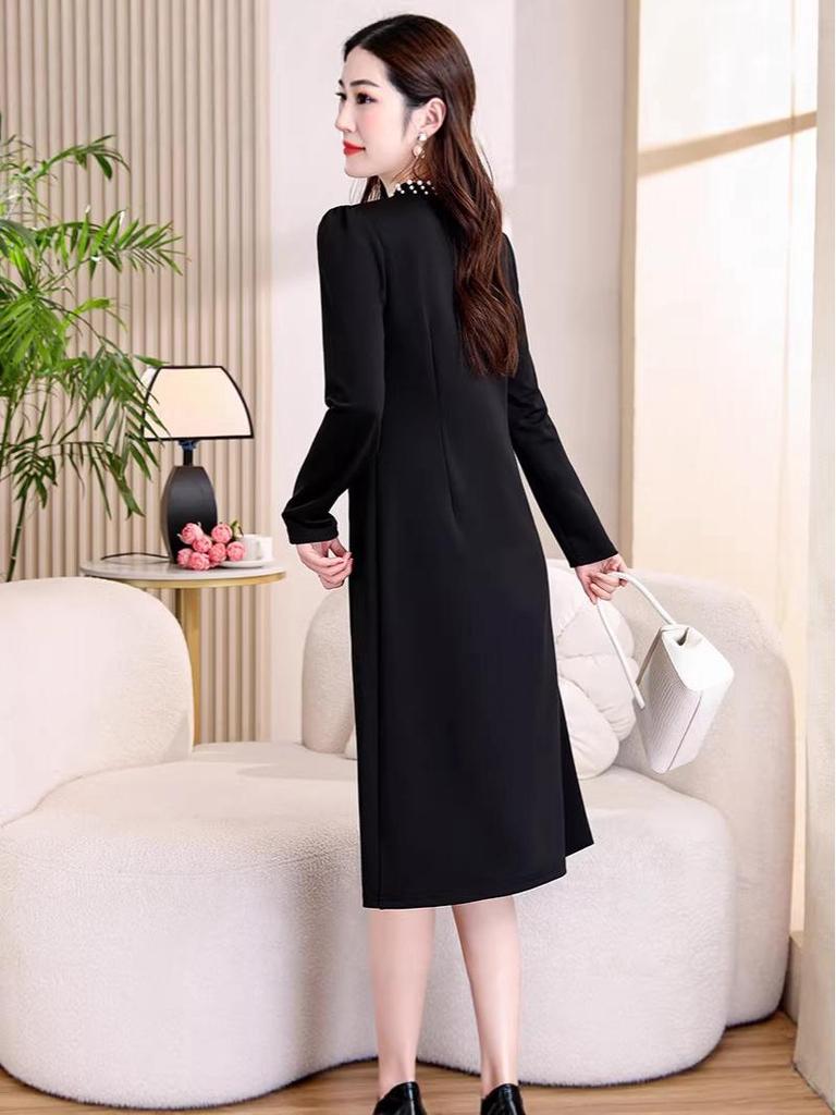 Hepburn Style Women's Elegant Black Midi Dress - Versatile Long Sleeve for Spring/Autumn 2026