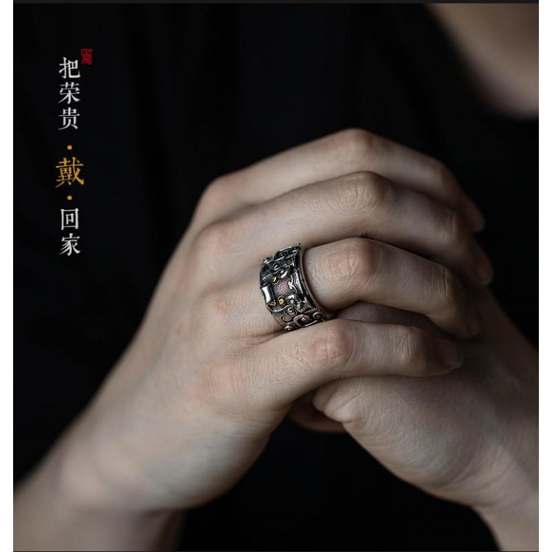 Verstellbarer Offener Ring Herren Damen Sterling Antiker Bestien-Motiv Vintage-Stil Geometrisches Statement
