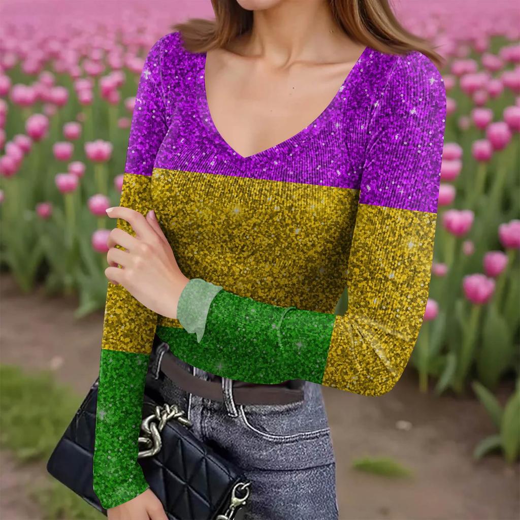 Women's Winter Slim-Fit Base Layer T-Shirt Fashionable Print V-Neck Pullover Long-Sleeved Top