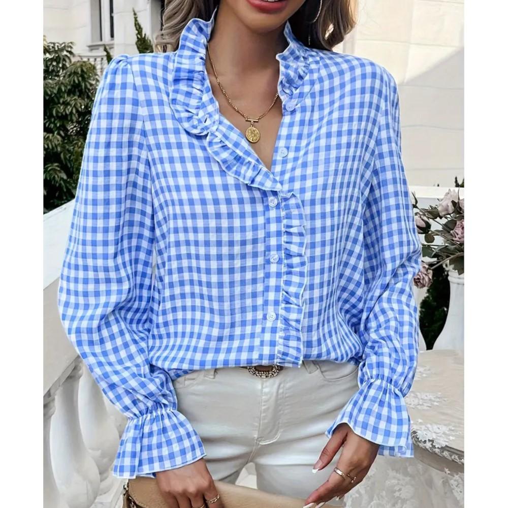 Fungus Edge Stand Collar Plaid Long-sleeved Shirt Women Spring Summer Casual Loose Single-breasted Female Versatile Shirt Tops